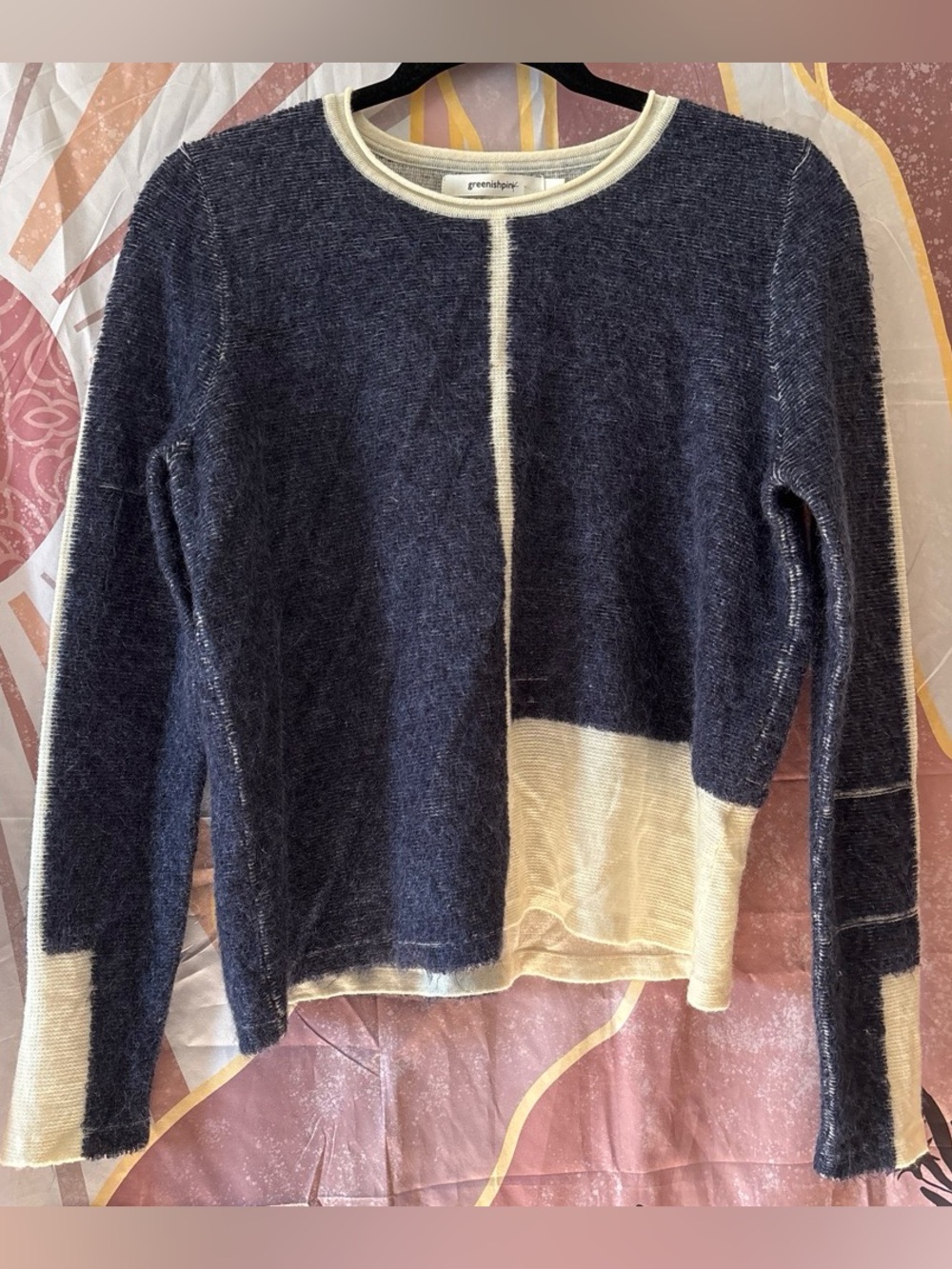 Greenishpink European designer wool Navy and Cream Colorblock Crewneck Sweater